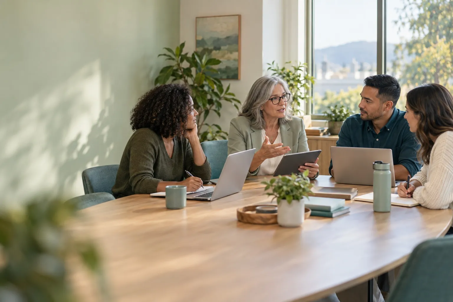 District leadership team talking around a conference table, one member holding a tablet