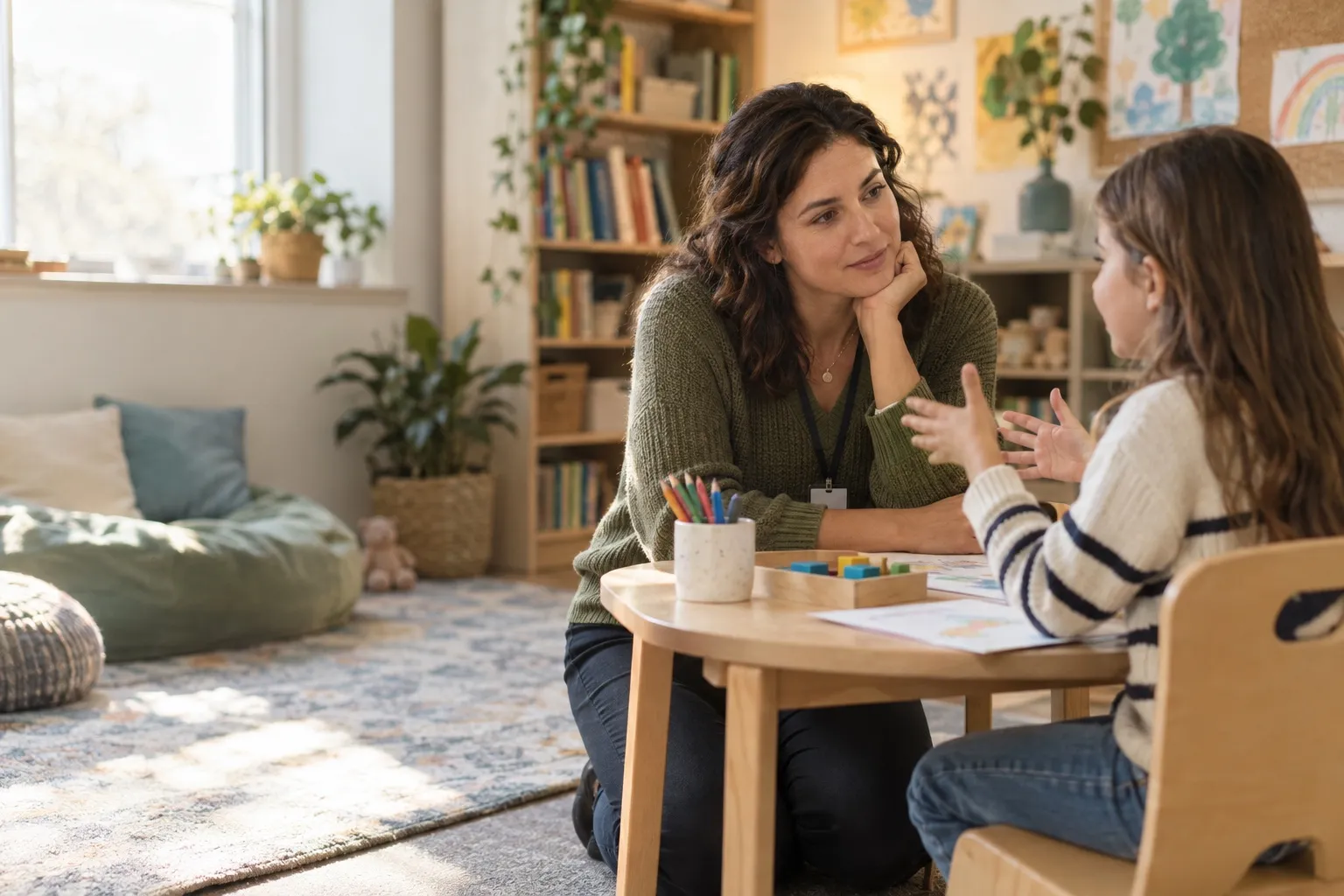 A school psychologist listening to a student across a small table in a classroom