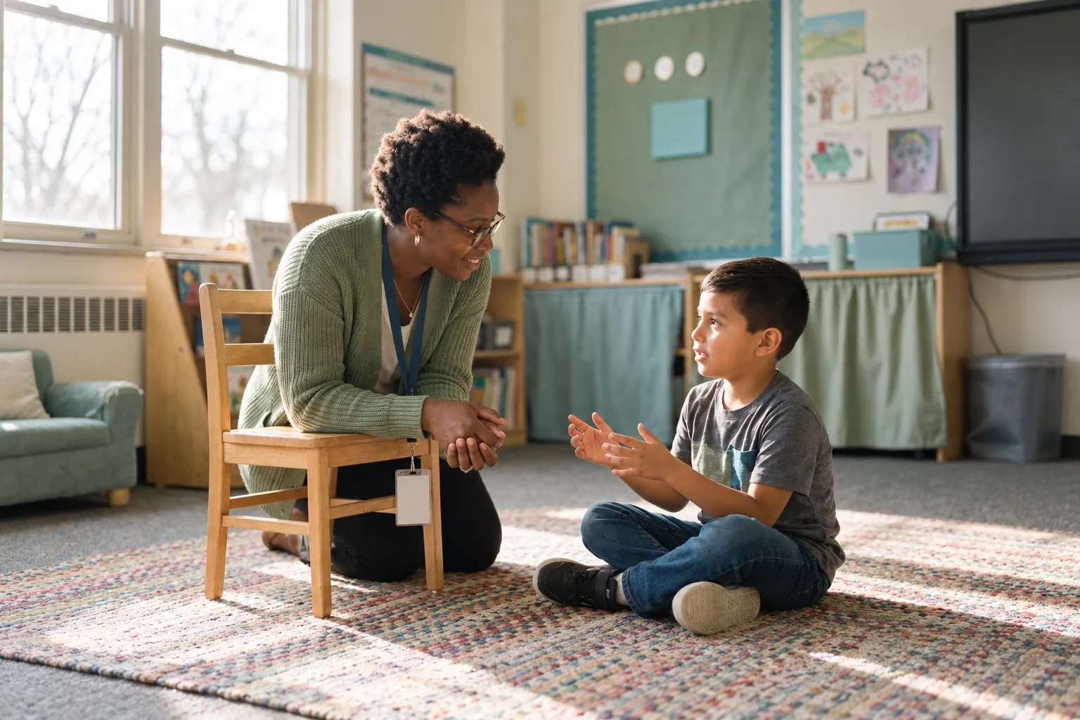 A school psychologist sitting at a low table, listening closely to a young student