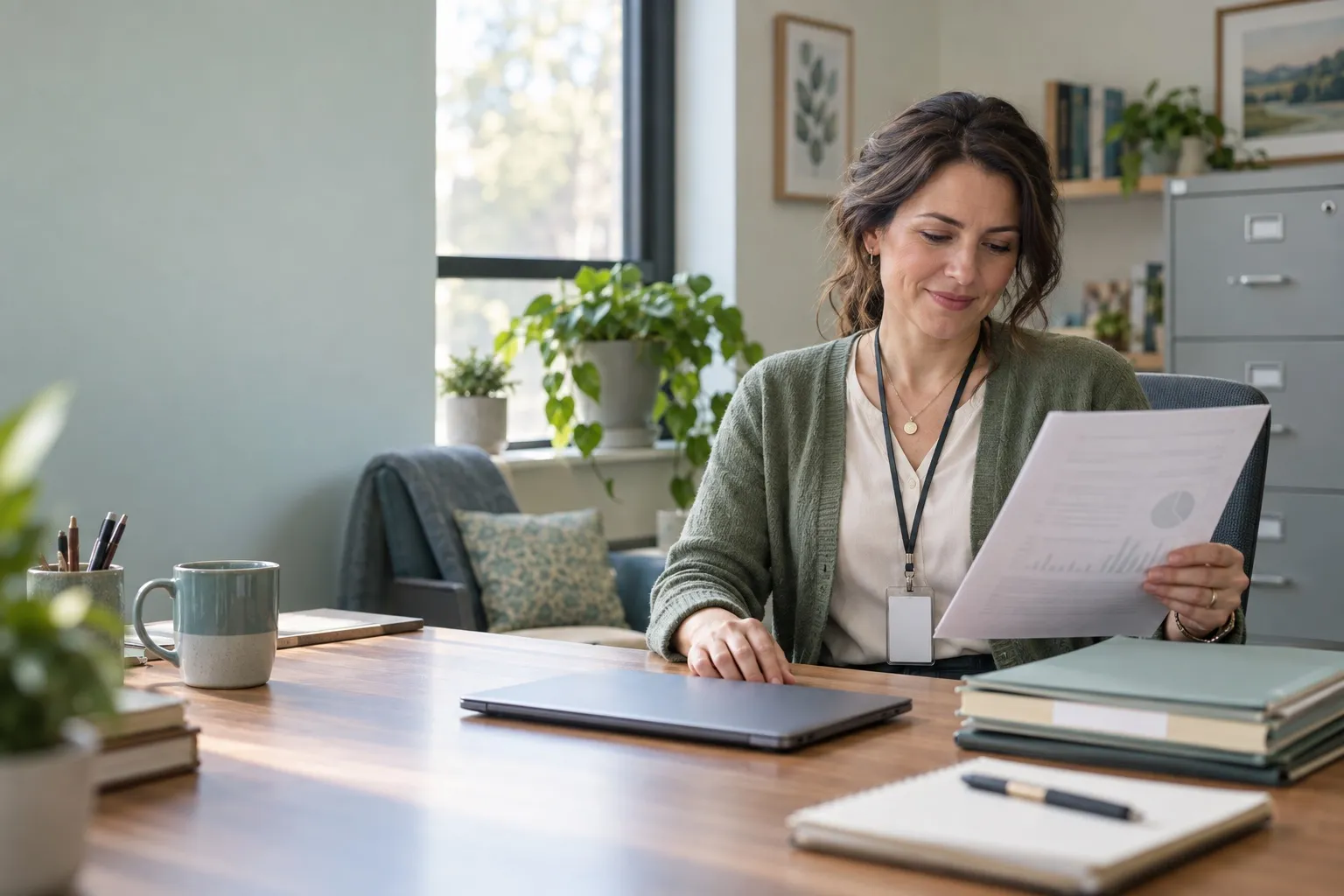 A school psychologist at a tidy desk reading a finished evaluation report