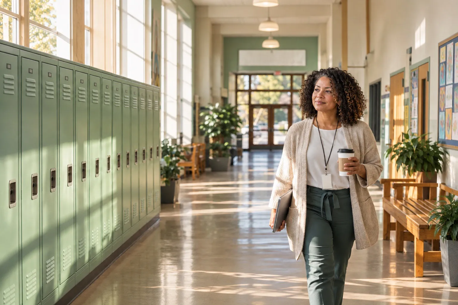 School psychologist walking a sunlit hallway of lockers with a coffee and a laptop
