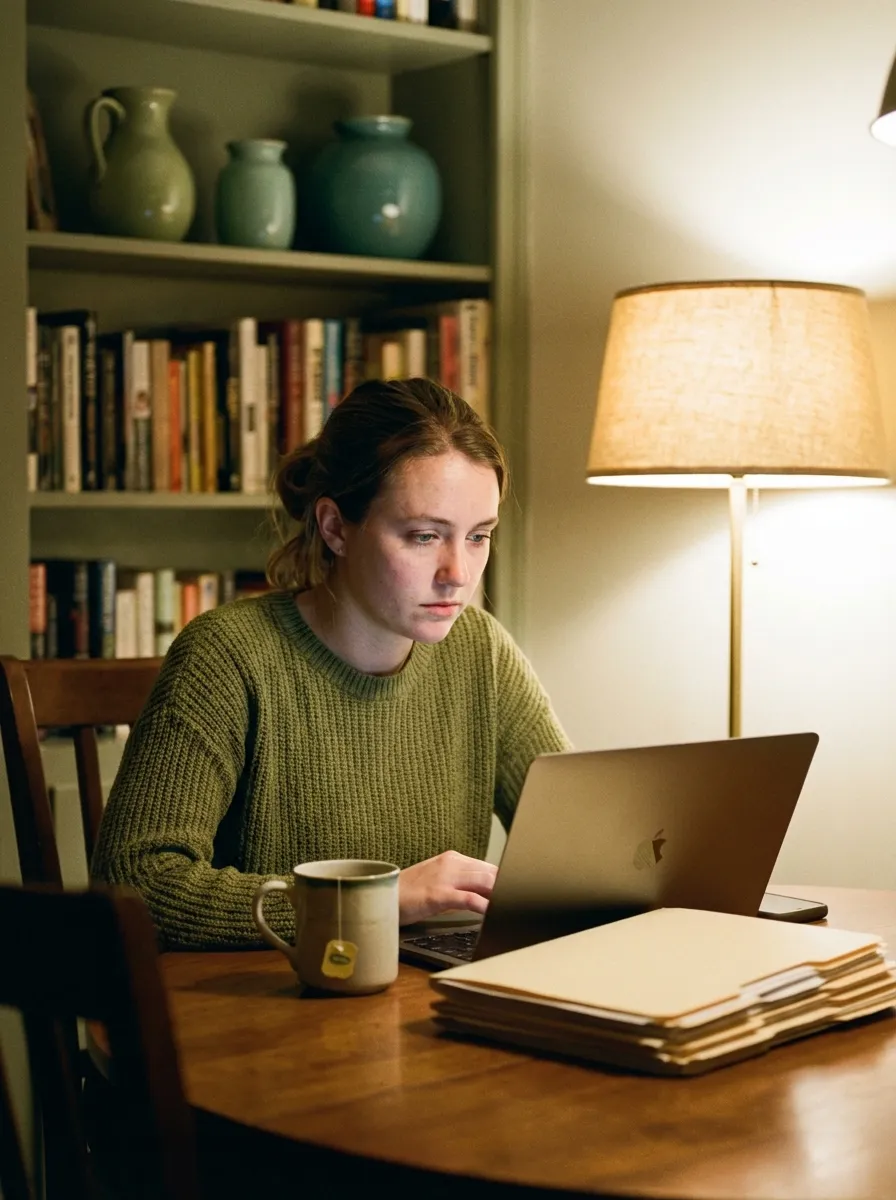 Clinician working late at a laptop, writing an evaluation report at night