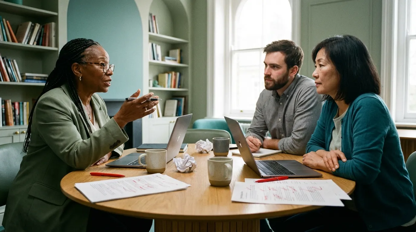 School psychologists and engineers working together around a table